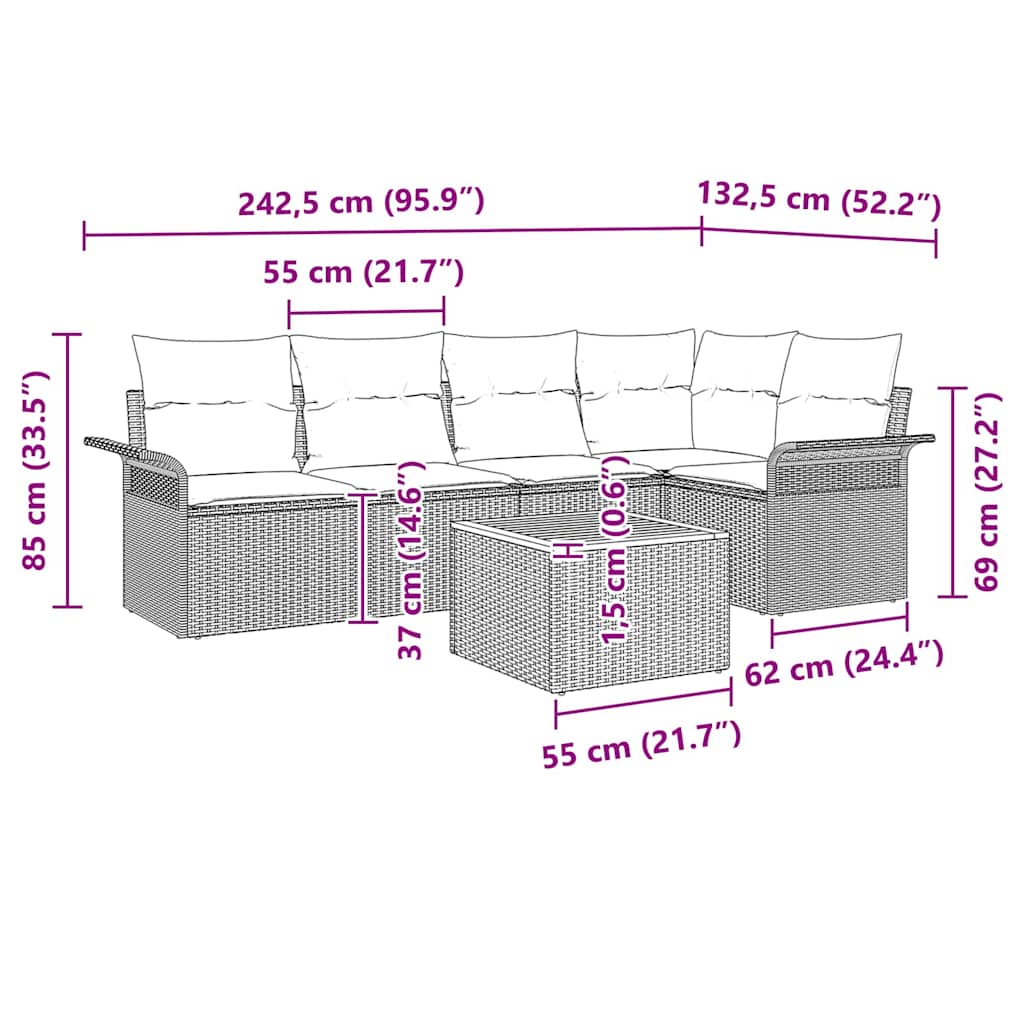 Set Divano da Giardino 6 pz Nero polyrattan