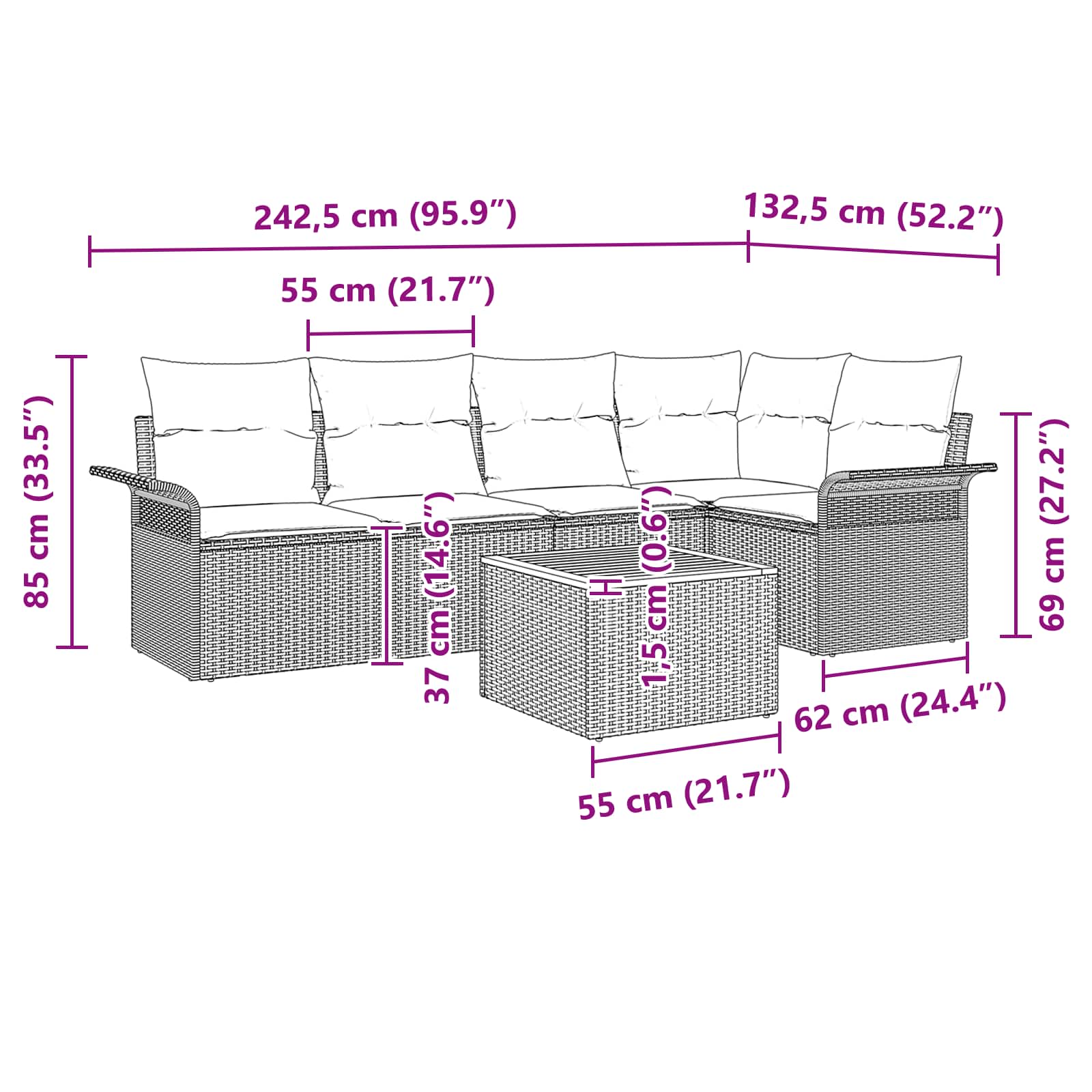 Set Divano da Giardino 6 pz Nero polyrattan