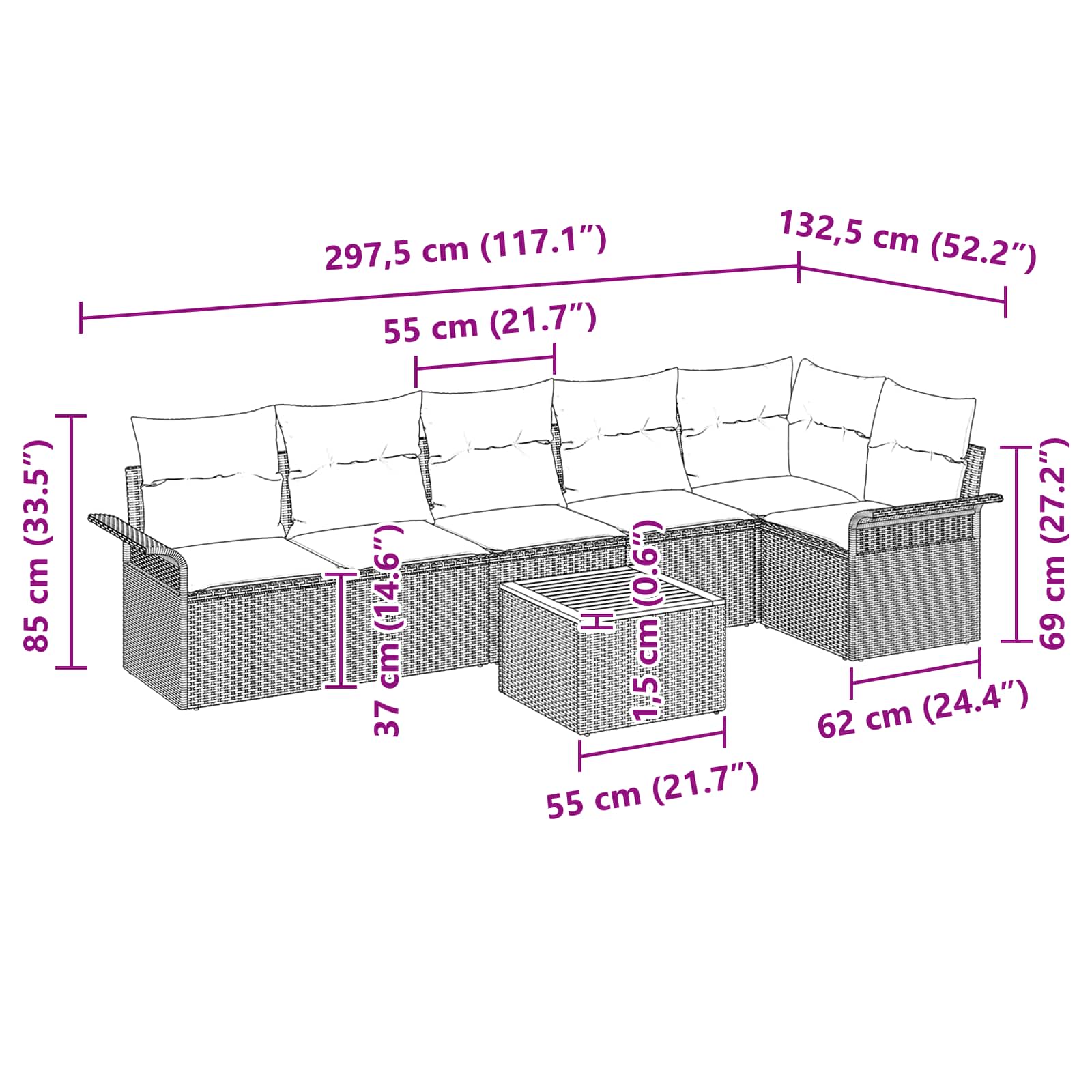 Set Divano da Giardino 7 pz Grigio polyrattan