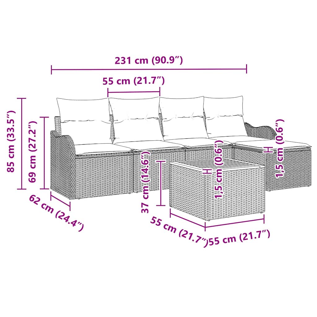 Set Divano da Giardino 6 pz Grigio polyrattan