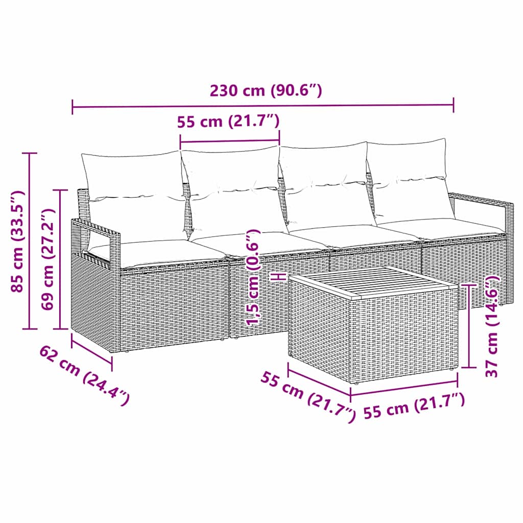 Set Divano da Giardino 5 pz Beige polyrattan