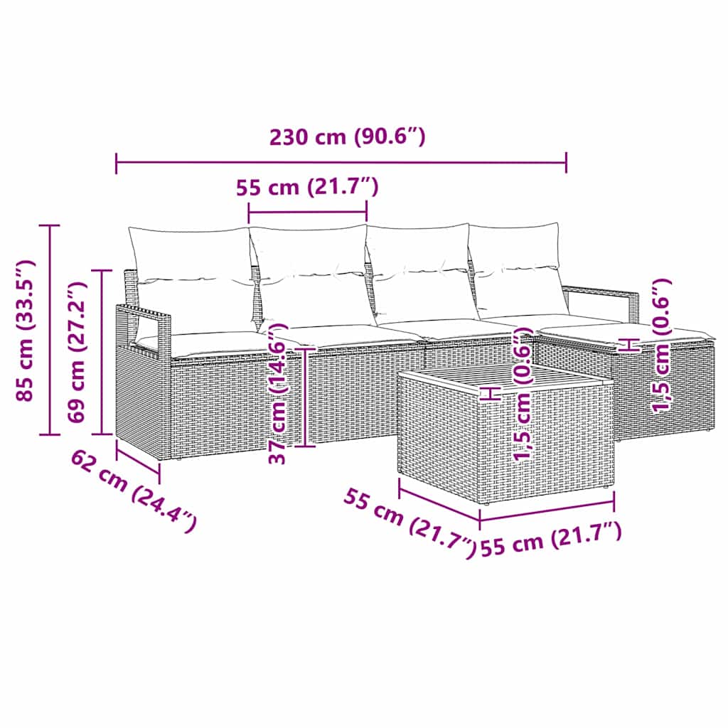 Set Divano da Giardino 6 pz Beige polyrattan