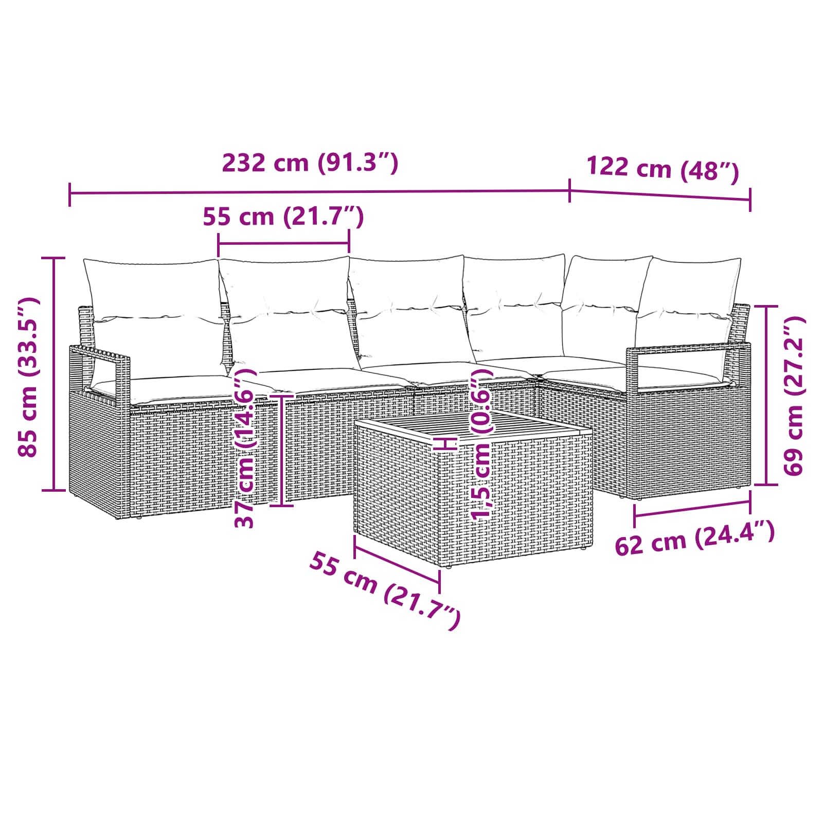 Set Divano da Giardino 6 pz Nero polyrattan