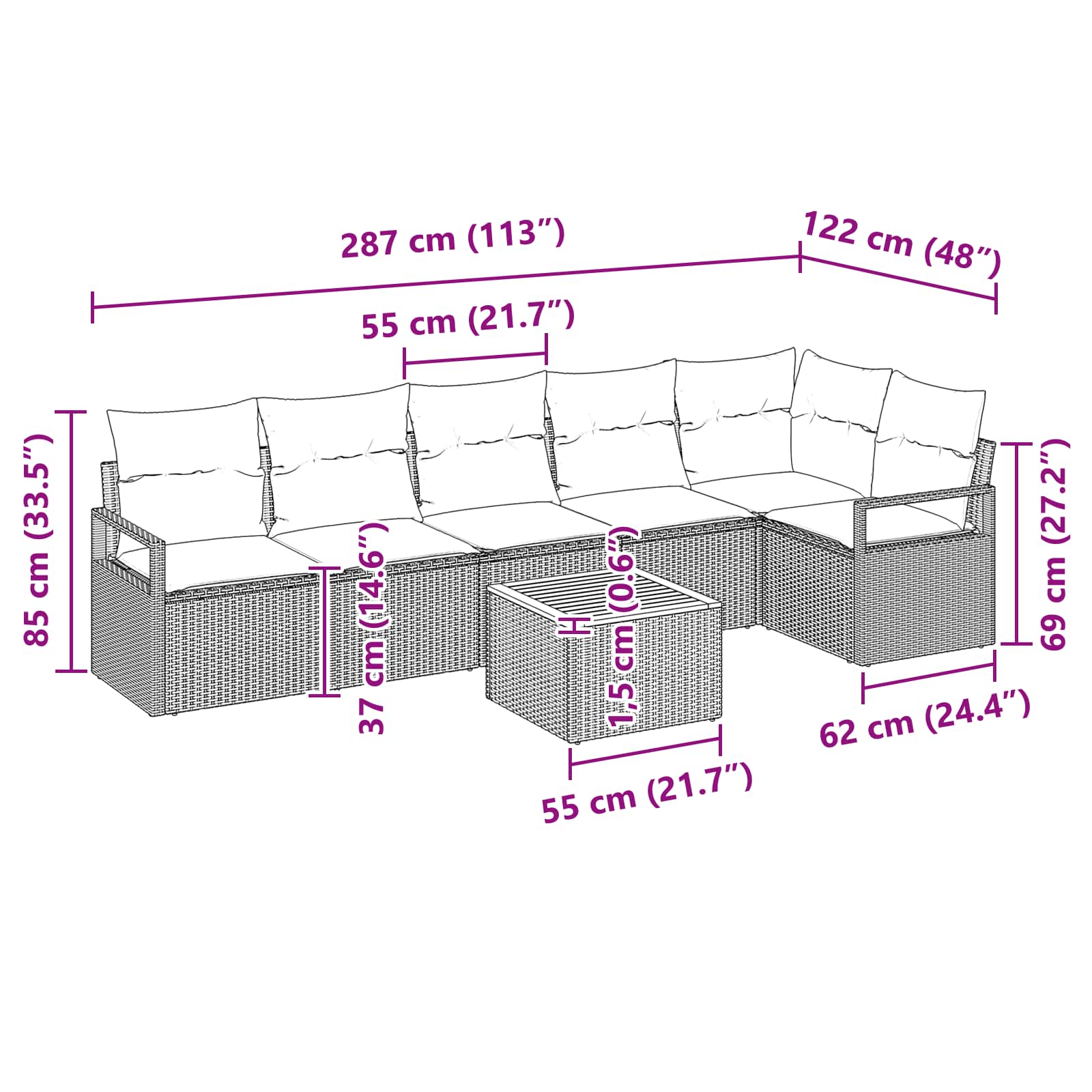 Set Divano da Giardino 7 pz Grigio polyrattan