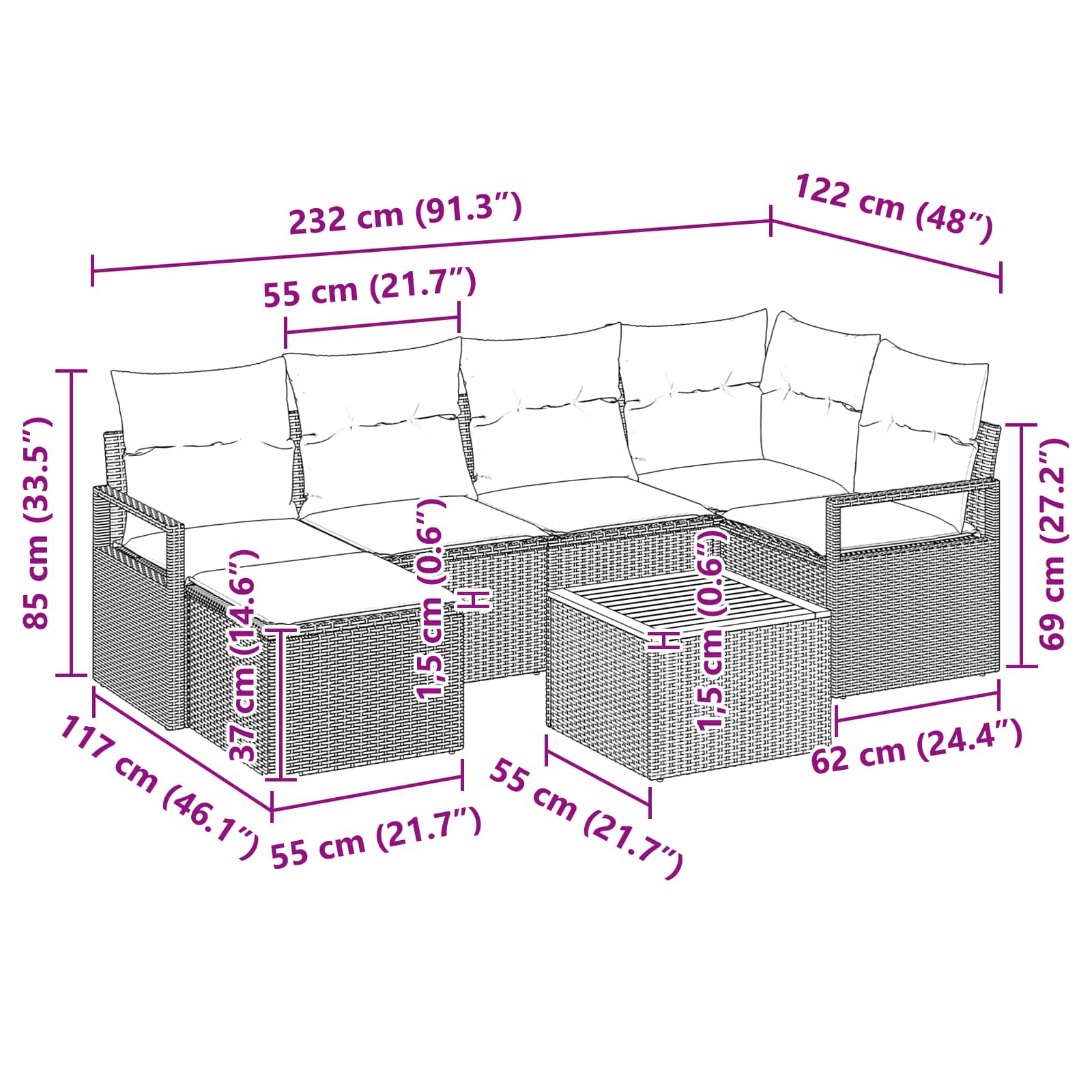Set Divano da Giardino 7 pz Grigio polyrattan