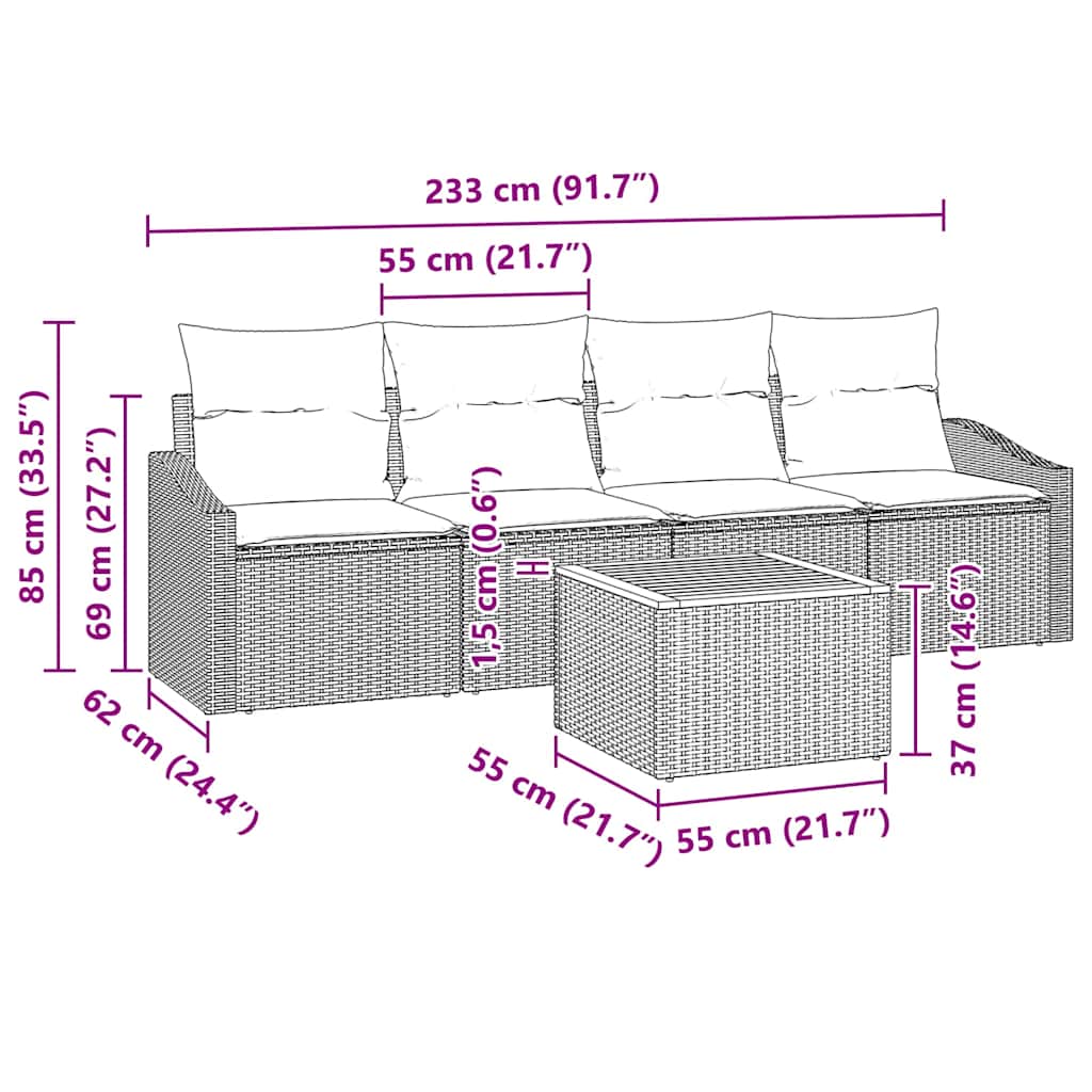Set Divano da Giardino 5 pz Beige polyrattan