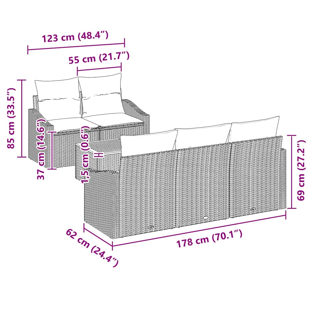Set Divano da Giardino 6 pz Grigio polyrattan