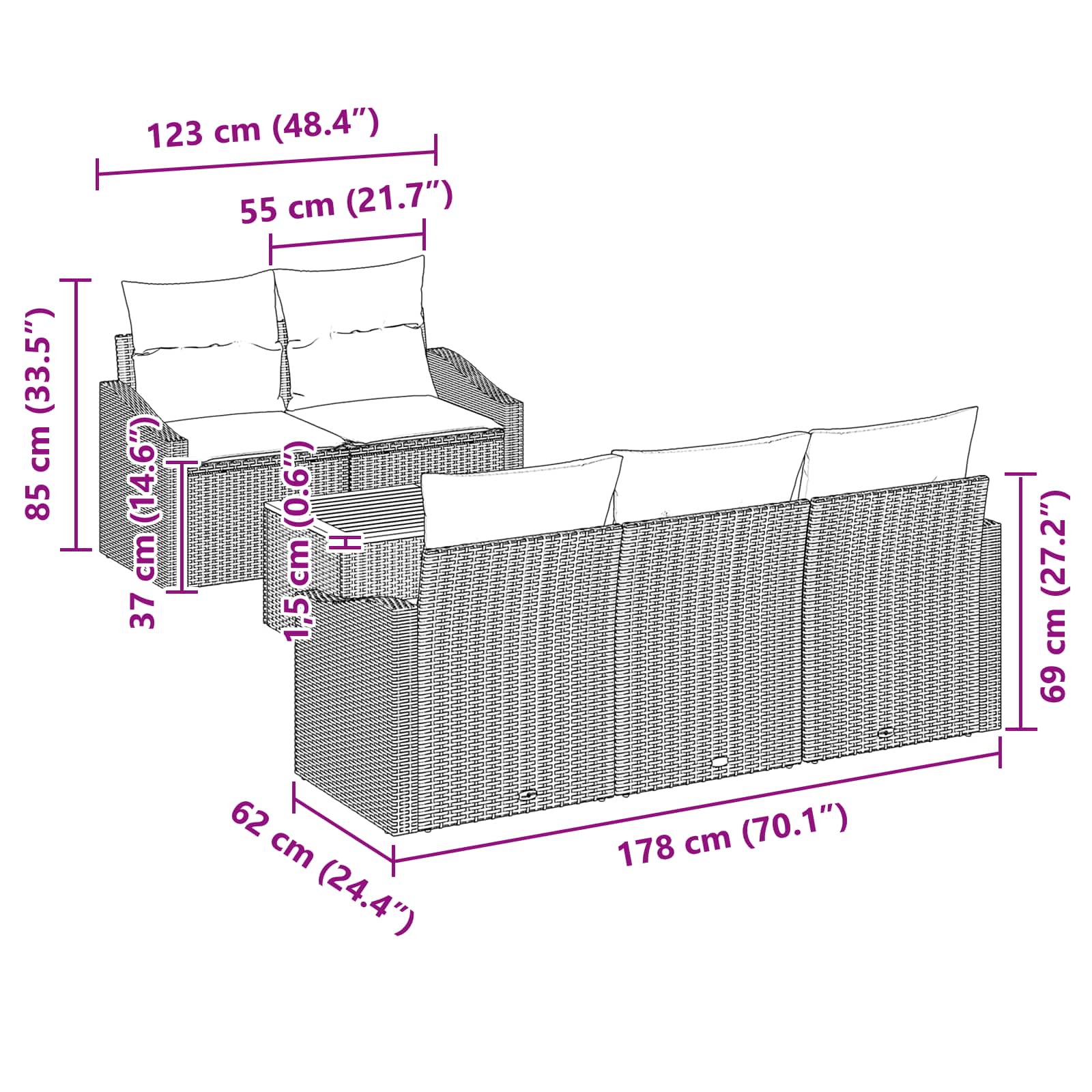 Set Divano da Giardino 6 pz Nero polyrattan
