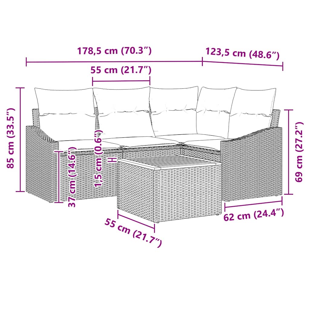 Set Divano da Giardino 5 pz Beige polyrattan