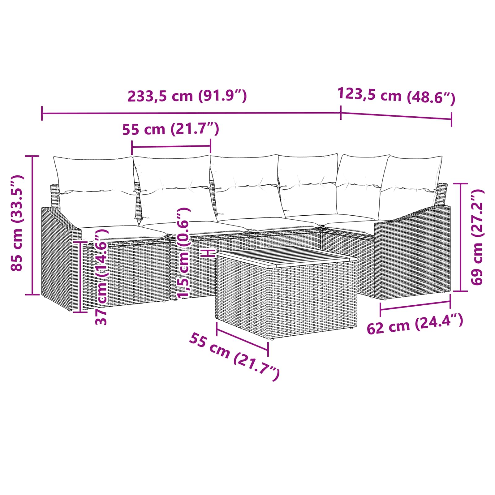 Set Divano da Giardino 6 pz Nero polyrattan
