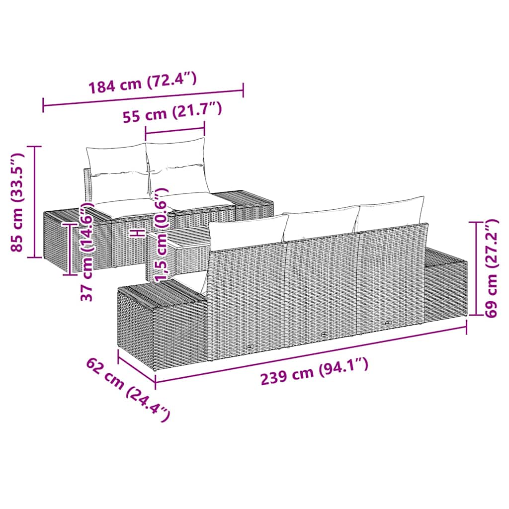 Set Divano da Giardino 6 pz Grigio polyrattan