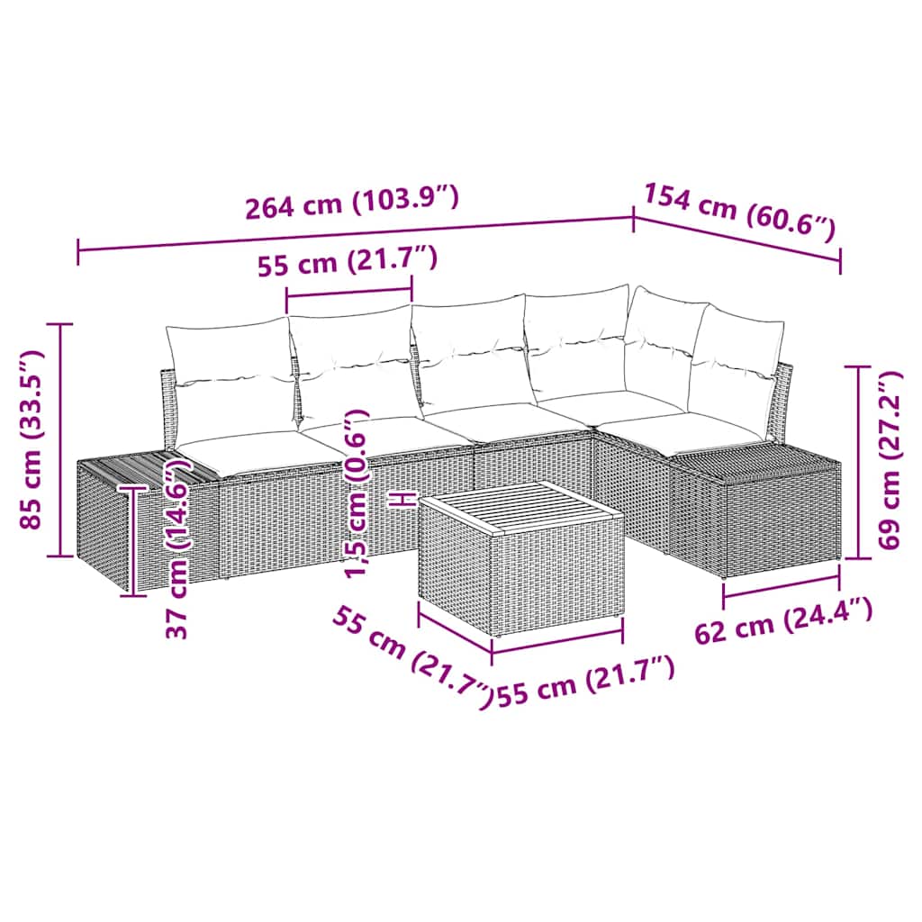 Set Divano da Giardino 6 pz Beige polyrattan