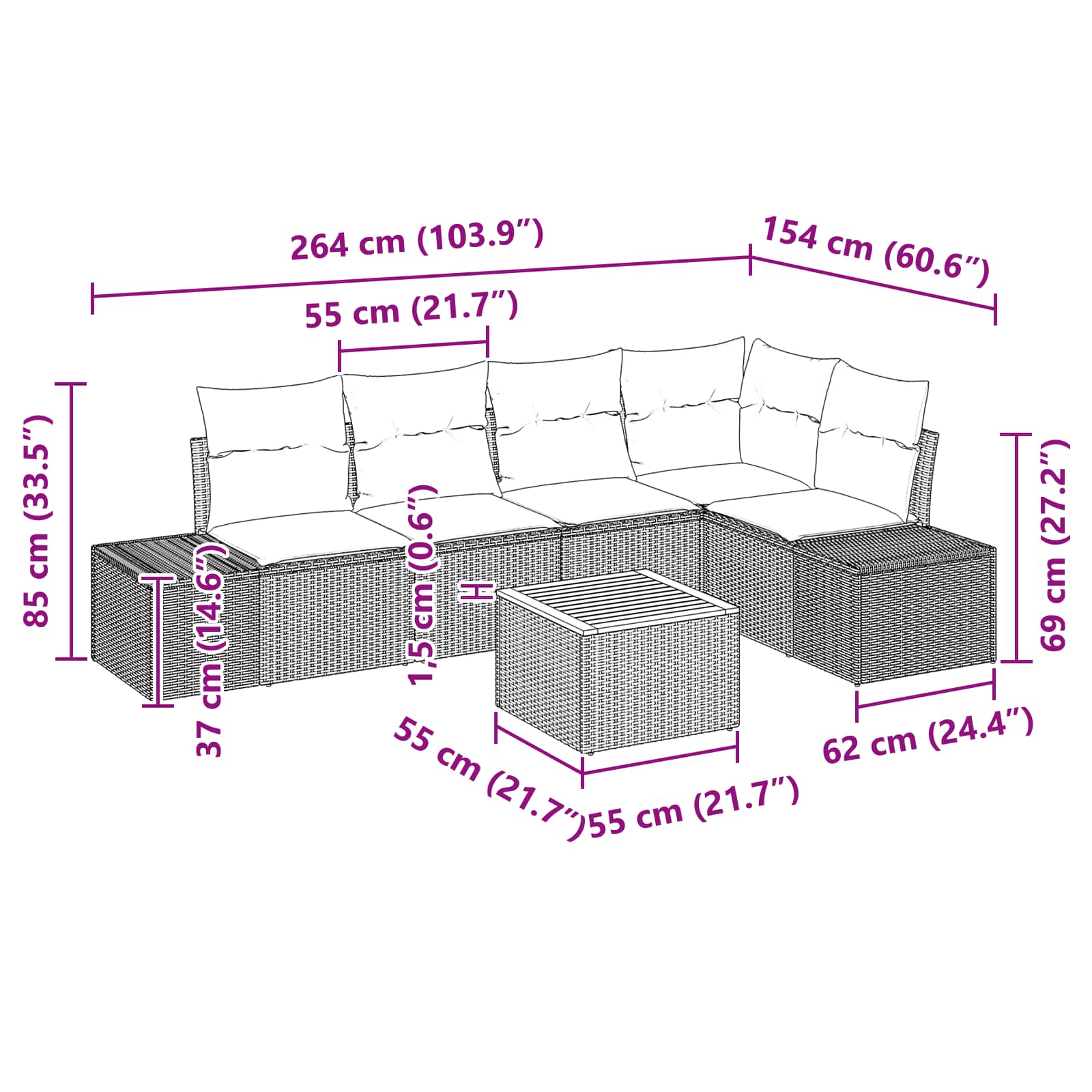 Set Divano da Giardino 6 pz Nero polyrattan