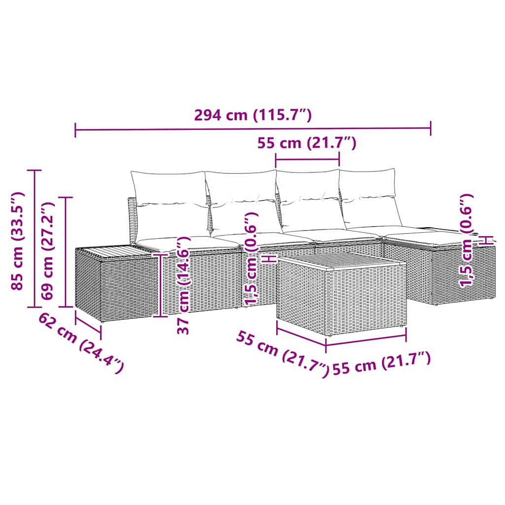 Set Divano da Giardino 6 pz Grigio Poly Rattan