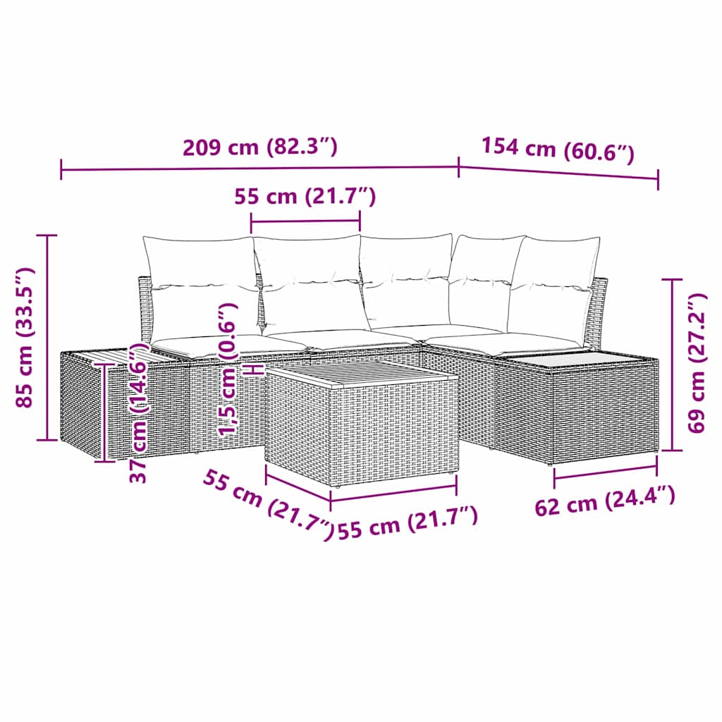 Set Divano da Giardino 5 pz Beige Poly Rattan