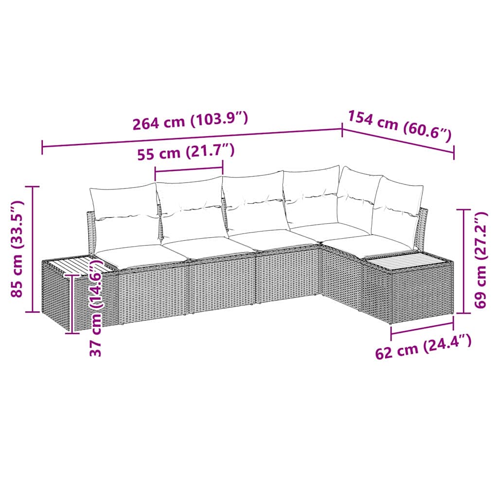 Set Divano da Giardino 5 pz Nero Poly Rattan