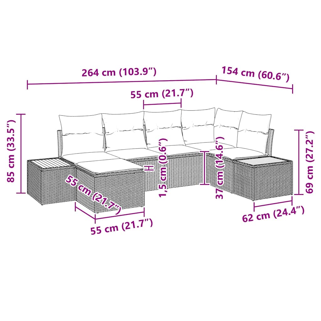 Set Divano da Giardino 6 pz Nero polyrattan