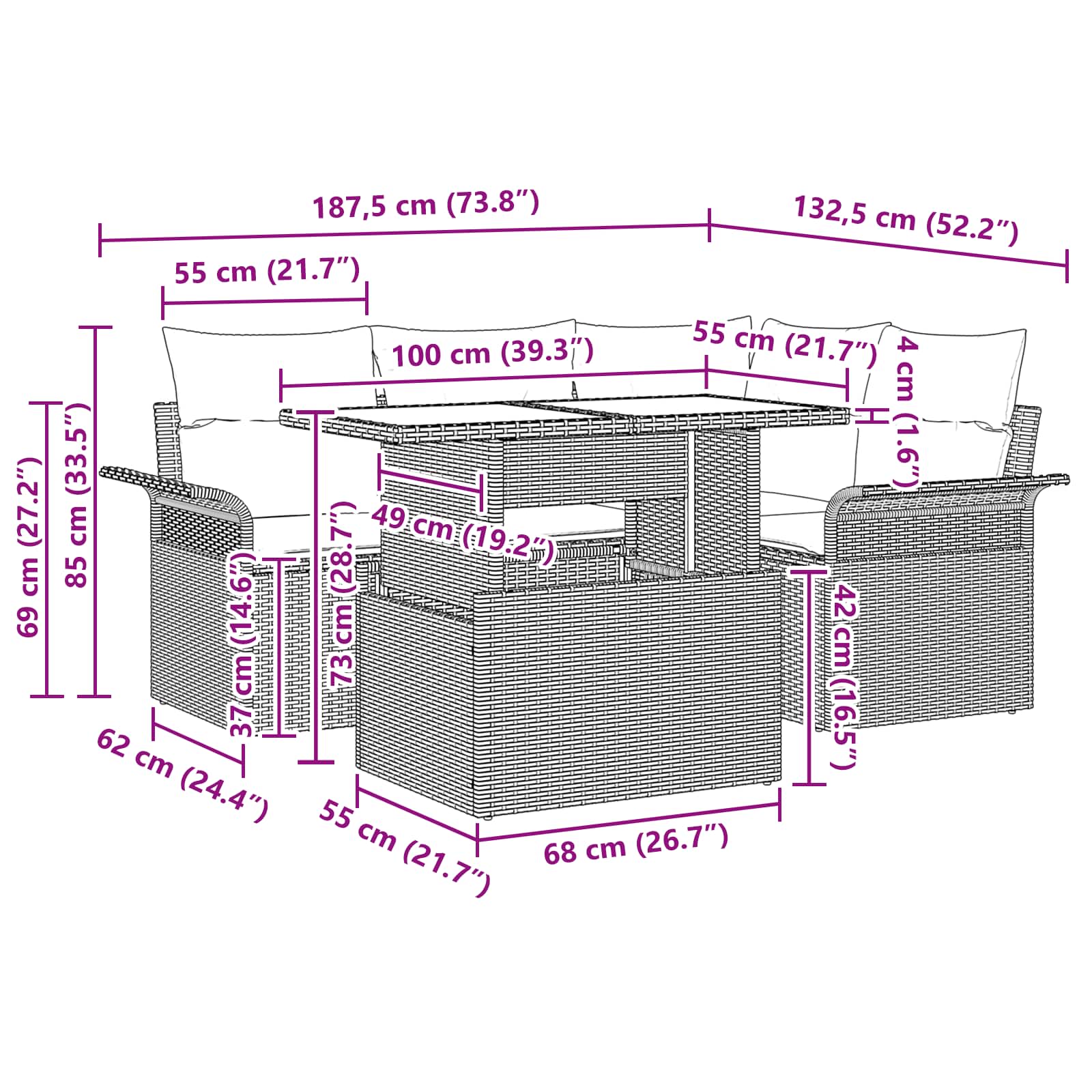 Set Divano da Giardino 5 pz Marrone polyrattan