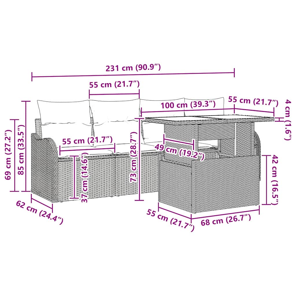 Set Divano da Giardino 5 pz Grigio chiaro Poly Rattan
