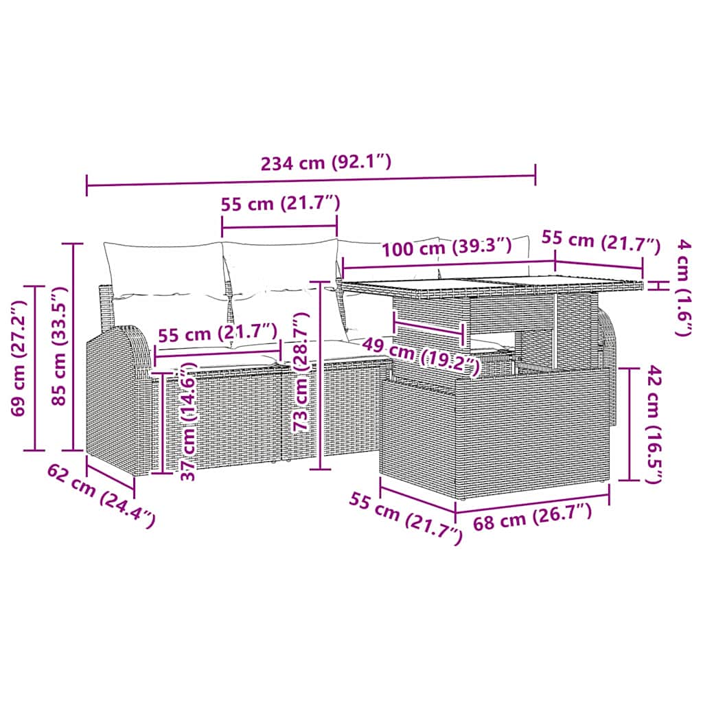 Set Divano da Giardino 5 pz Marrone Poly Rattan
