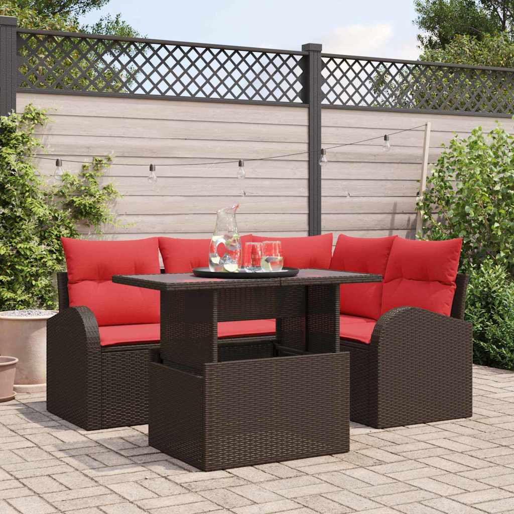 Set Divano da Giardino 5 pz 4-Numero di posti Marrone e Rosso