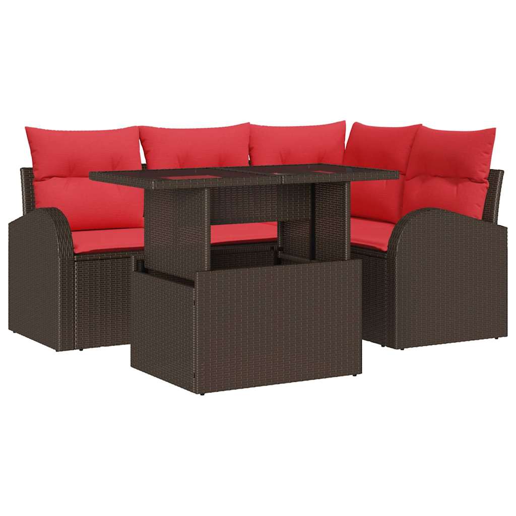 Set Divano da Giardino 5 pz 4-Numero di posti Marrone e Rosso