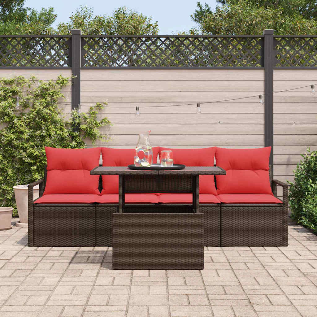 Set Divano da Giardino 5 pz 4-Numero di posti Marrone e Rosso