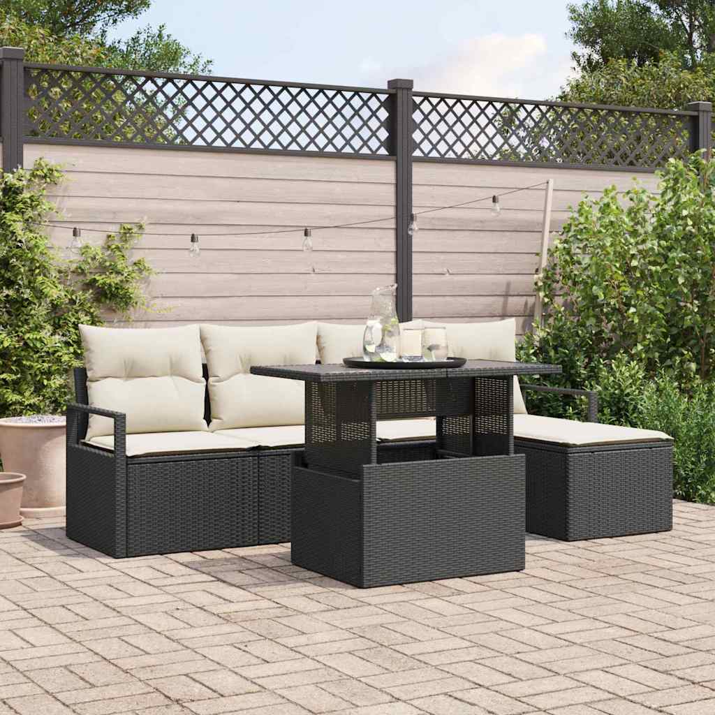 Set Divano da Giardino 6 pz Nero e Crema polyrattan