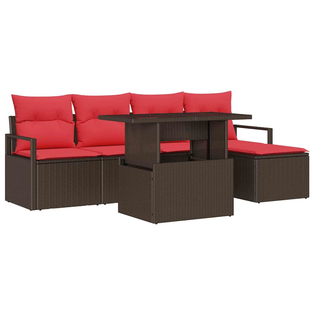 Set Divano da Giardino 6 pz Marrone e Rosso polyrattan