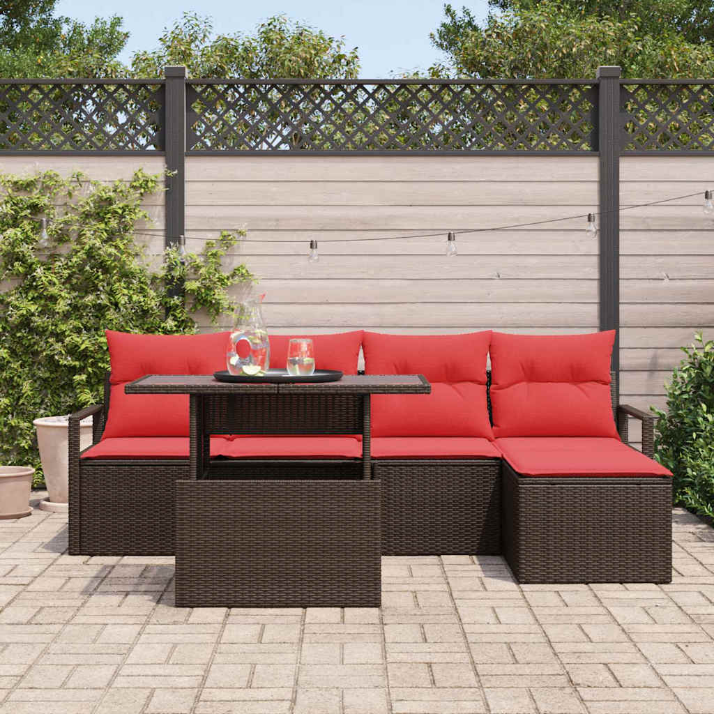 Set Divano da Giardino 6 pz Marrone e Rosso polyrattan