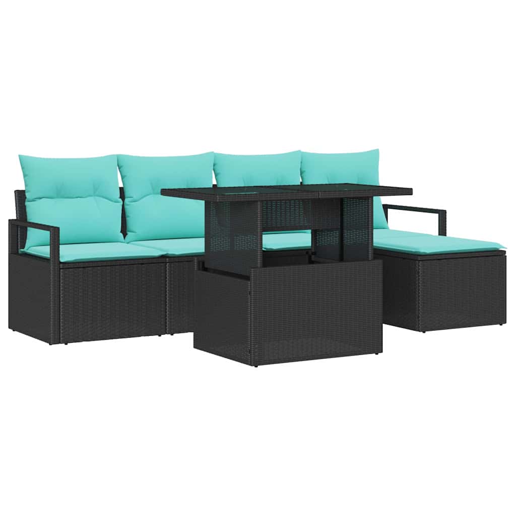 Set Divano da Giardino 6 pz Nero e Blu polyrattan