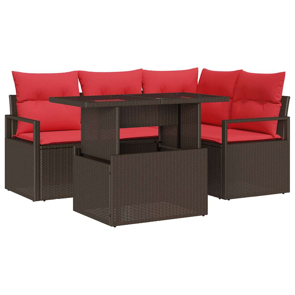 Set Divano da Giardino 5 pz 4-Numero di posti Marrone e Rosso