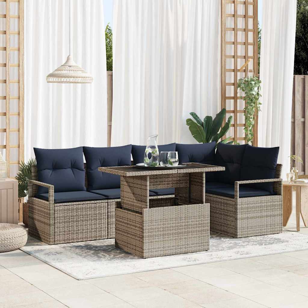 Set Divano da Giardino 6 pz 5-Numero di posti Grigio e Blu Navy