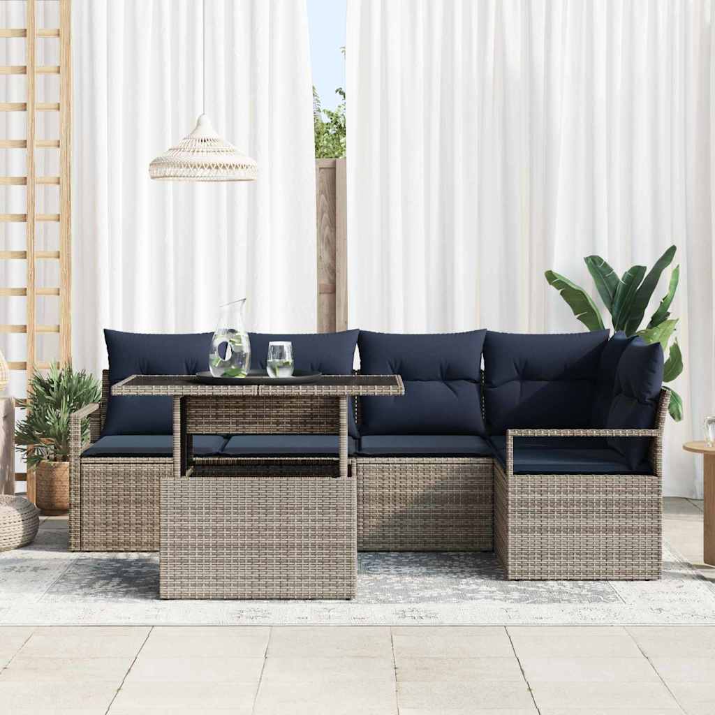 Set Divano da Giardino 6 pz 5-Numero di posti Grigio e Blu Navy