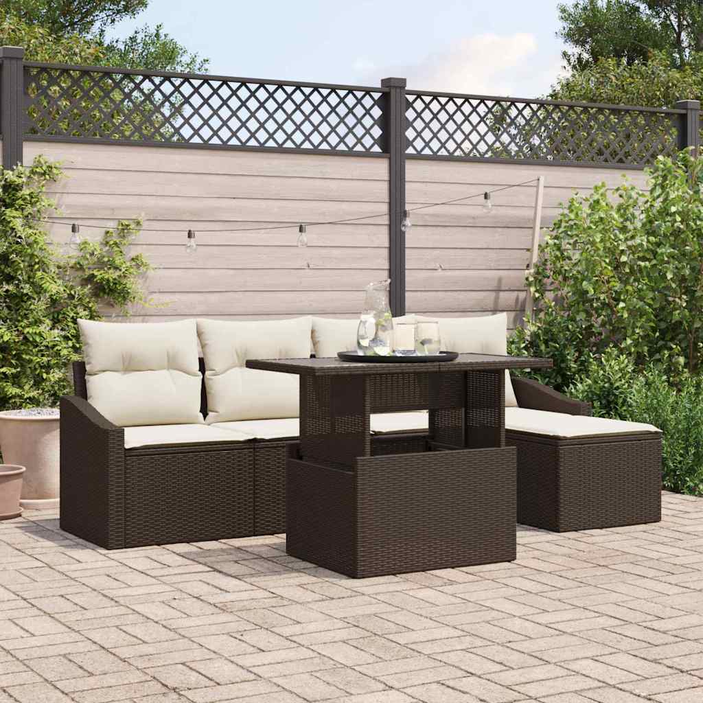 Set Divano da Giardino 6 pz Marrone e Crema polyrattan
