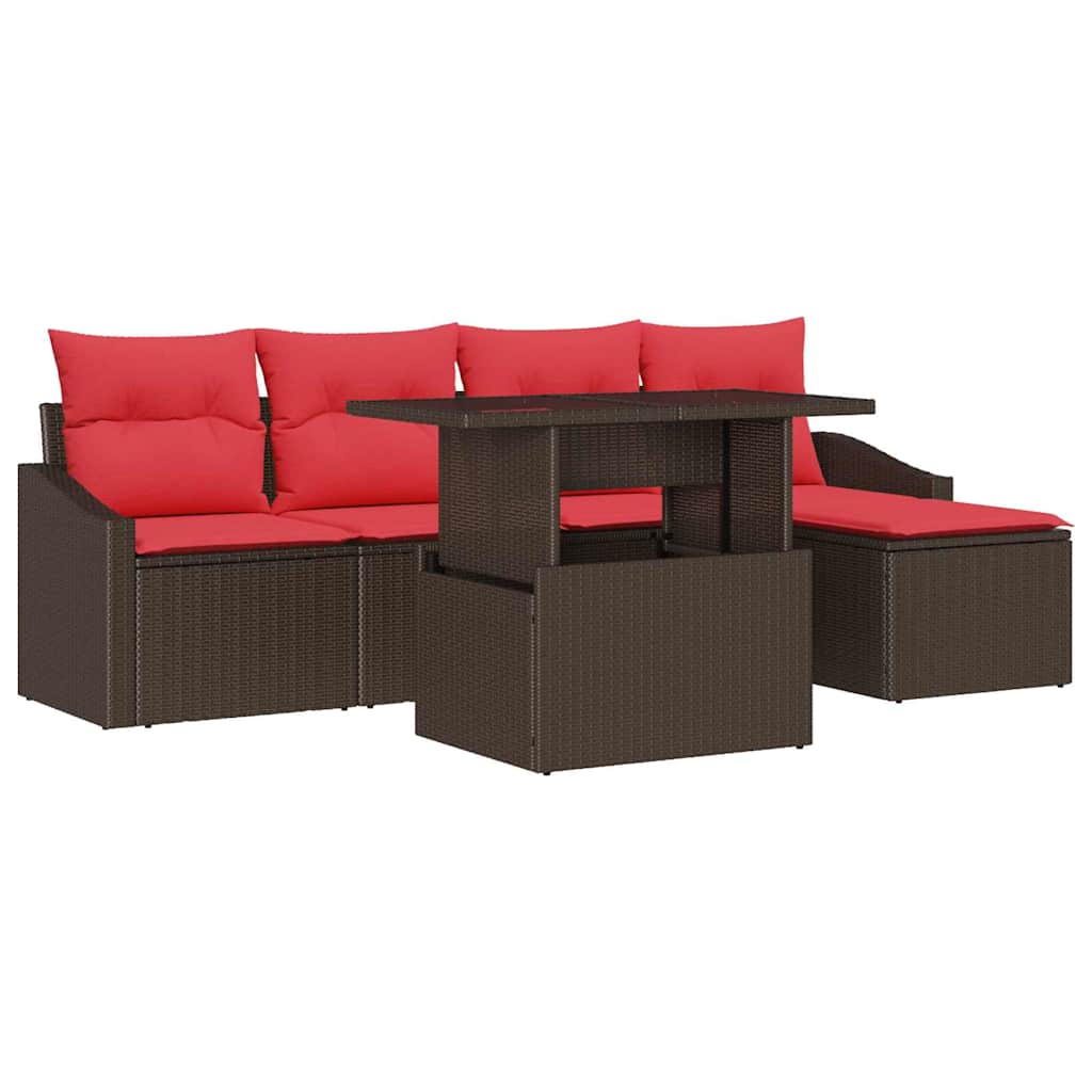 Set Divano da Giardino 6 pz Marrone e Rosso polyrattan