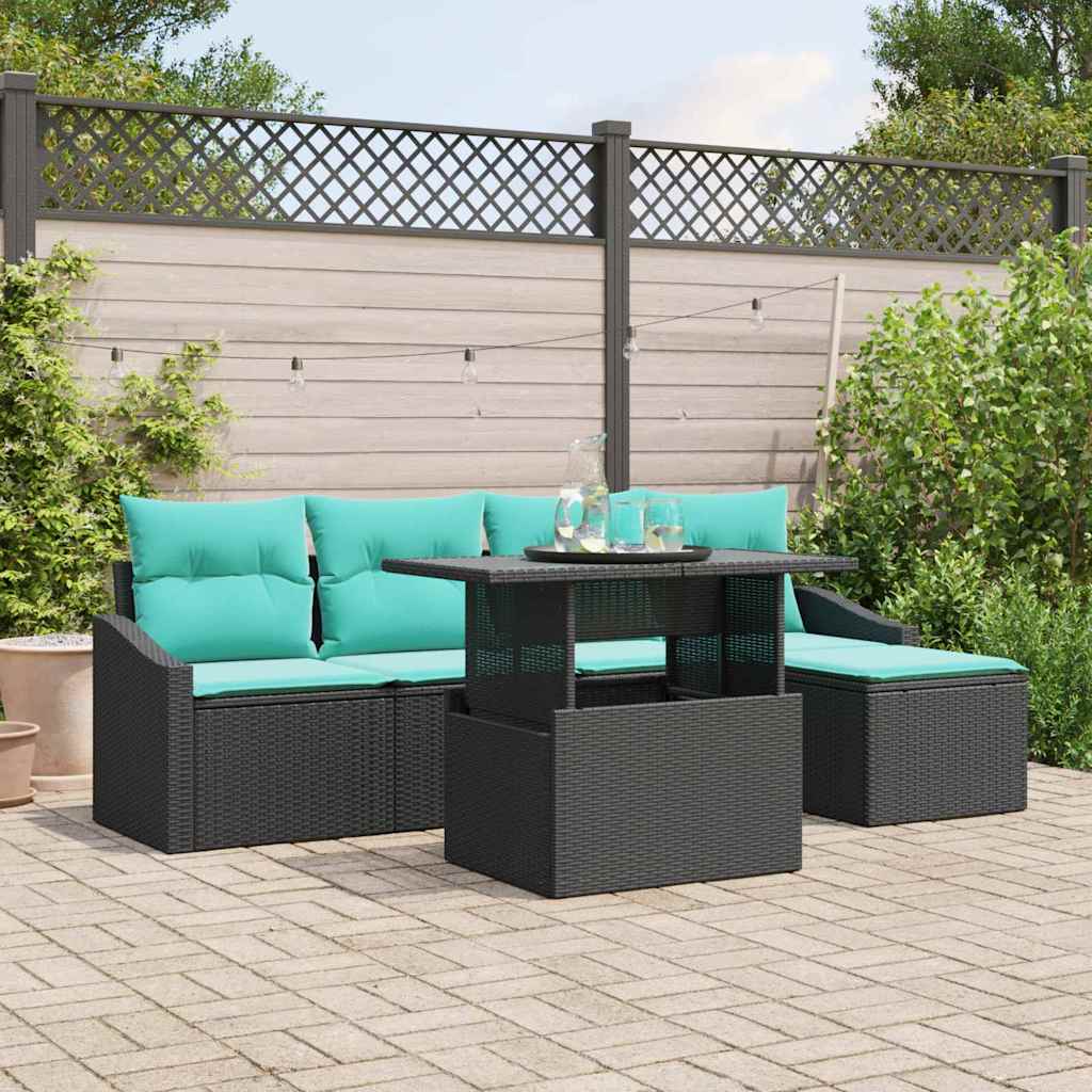 Set Divano da Giardino 6 pz Nero e Blu polyrattan