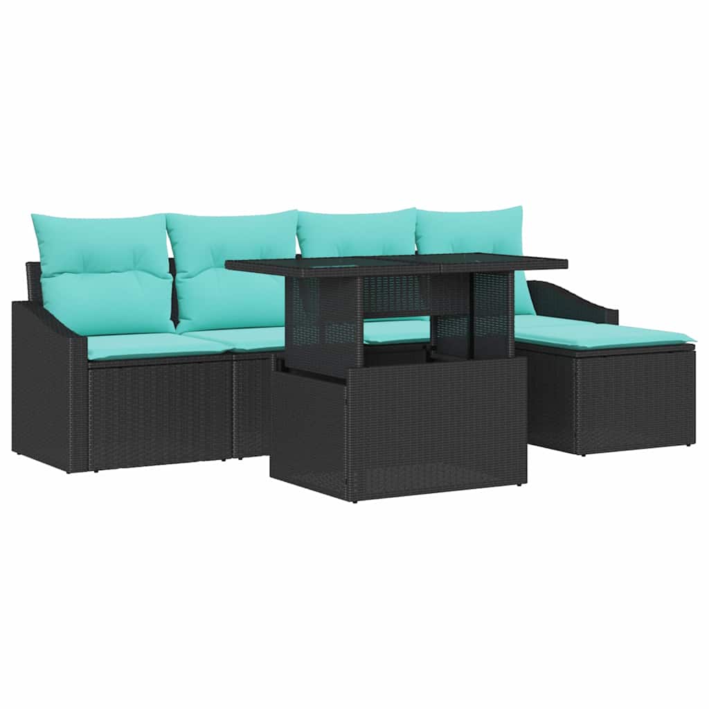 Set Divano da Giardino 6 pz Nero e Blu polyrattan