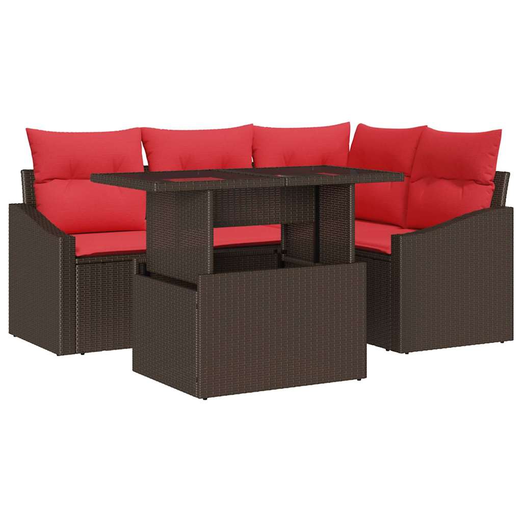 Set Divano da Giardino 5 pz Marrone e Rosso polyrattan