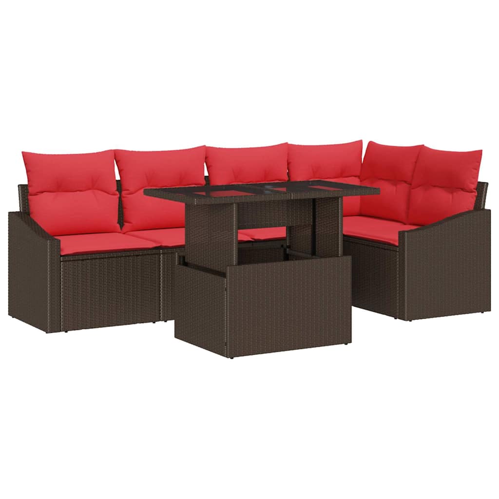 Set Divano da Giardino 6 pz Marrone e Rosso polyrattan