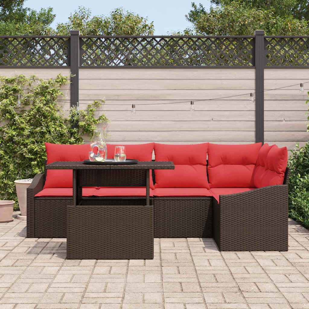 Set Divano da Giardino 6 pz Marrone e Rosso polyrattan