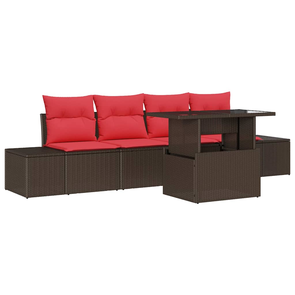 Set di divani 5 pz 4-Numero di posti Marrone e Rosso polyrattan