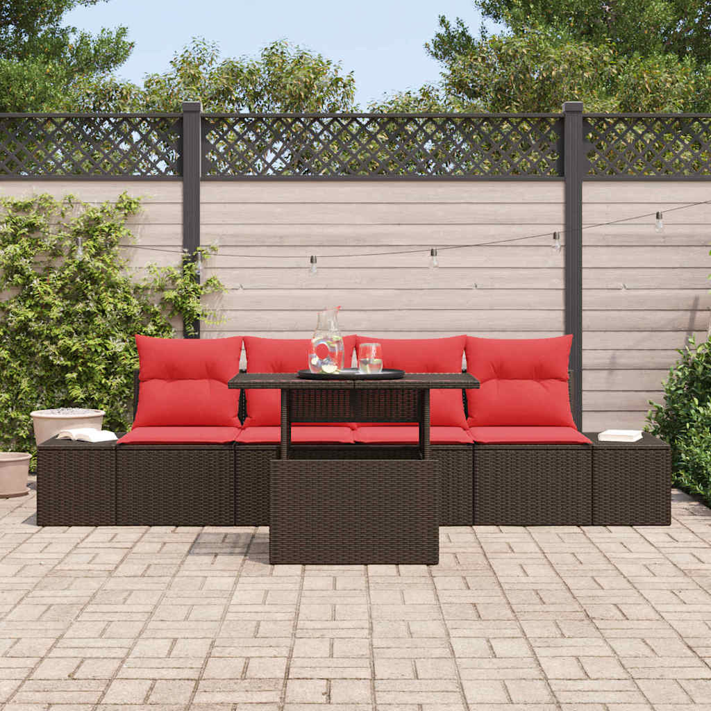 Set di divani 5 pz 4-Numero di posti Marrone e Rosso polyrattan