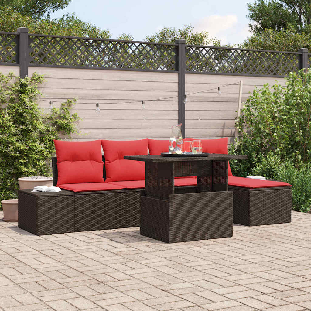 Set Divano da Giardino 6 pz Marrone e Rosso polyrattan