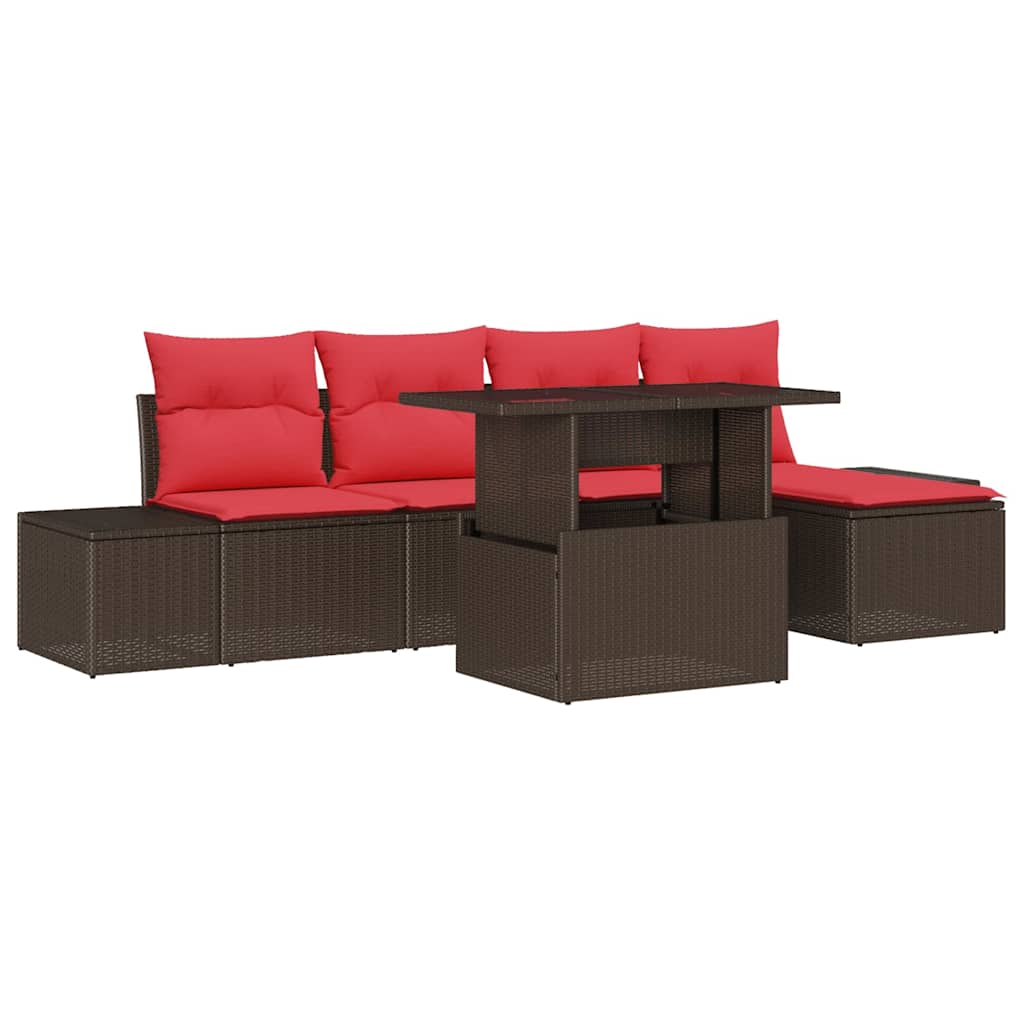 Set Divano da Giardino 6 pz Marrone e Rosso polyrattan