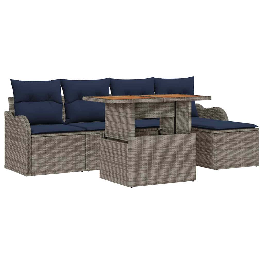 Set Divano da Giardino 6 pz Grigio e Blu Navy polyrattan