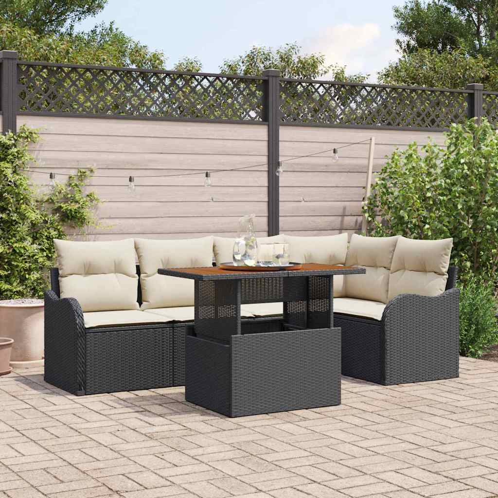 Set Divano da Giardino 6 pz 5-Numero di posti Nero e Crema