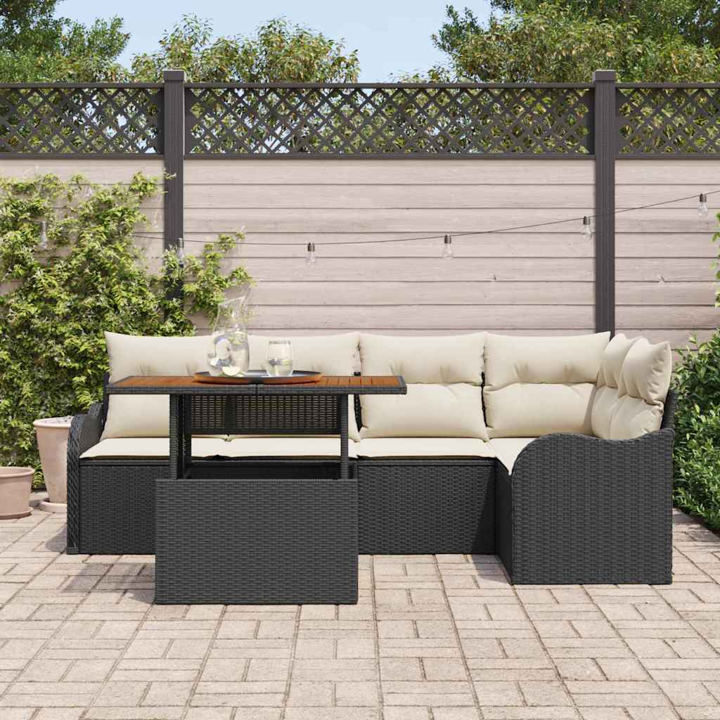 Set Divano da Giardino 6 pz 5-Numero di posti Nero e Crema