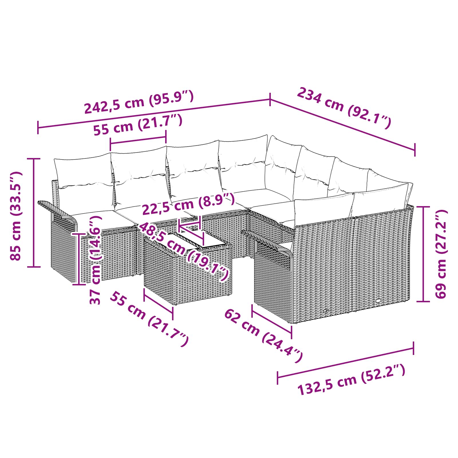 Set Divano da Giardino 9 pz Beige e Rosso polyrattan