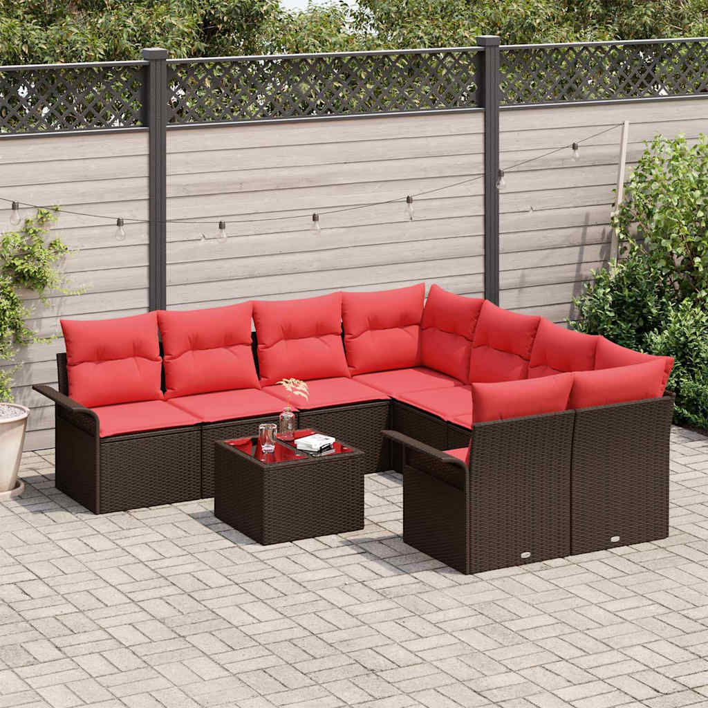Set Divano da Giardino 9 pz Beige e Rosso polyrattan